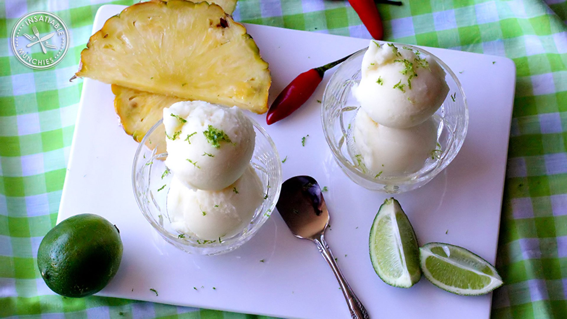 Juices of pineapple and lime and infused with bird's eye chilli and churned into this refreshing sorbet.