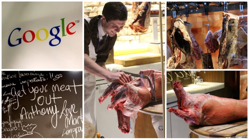 Clockwise from top left: Google flag, Michael carving up a whole lamb, meat dry ageing in the himalayan salt room, a whole lamb, celebrity chalk scribblings on the shop walls