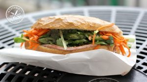 Vietnamese Pork Roll with Cucumber, Coriander, Spring Onion, Mayo, Paté, and plenty of pickled carrots