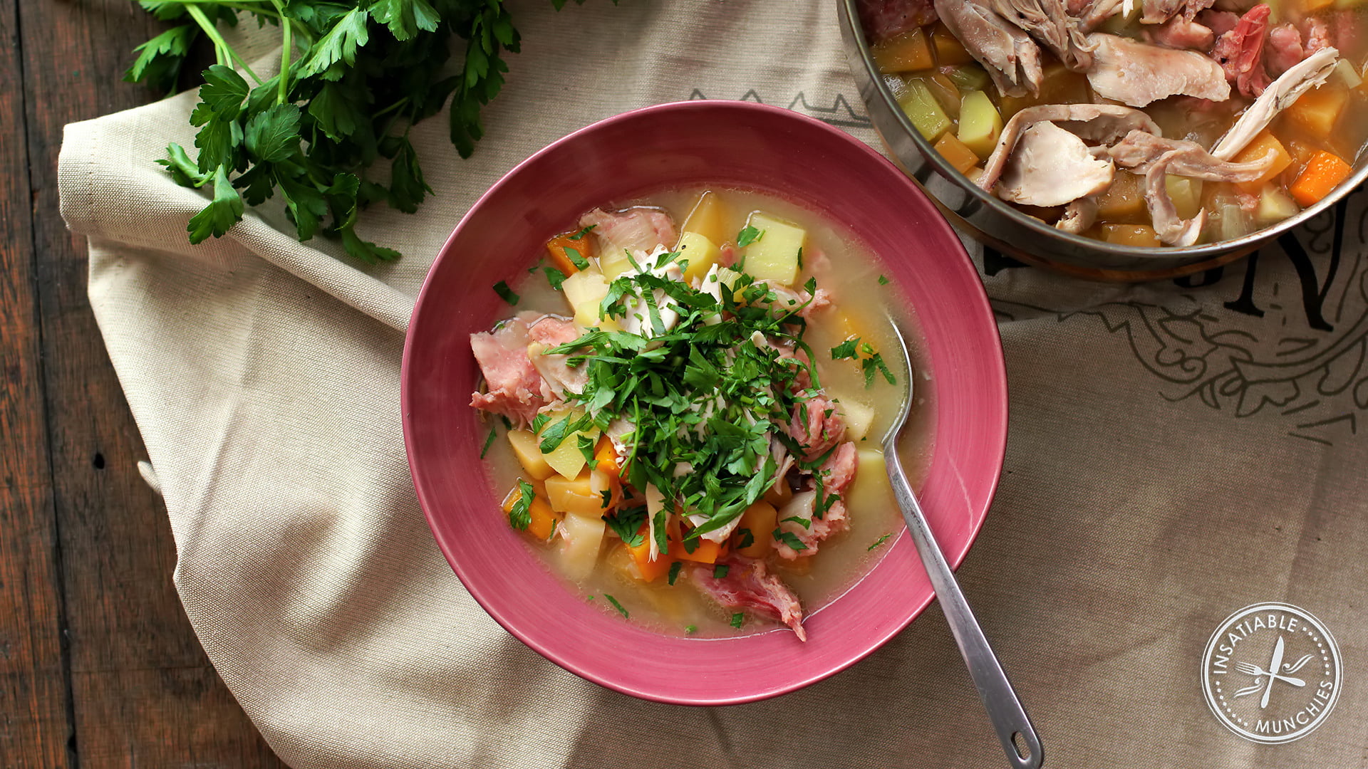 Man soup: made with ham hock meat, root vegetables, chicken and lemon