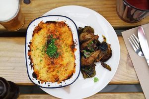 Wagyu beef cheek and tail cottage pie, cheesy mash and roasted brussel sprouts