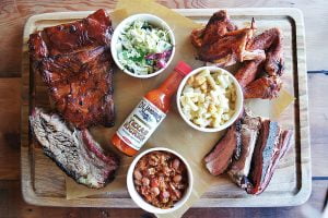Barbecue Share Plate at the Erko: Pork Ribs, Beef brisket, Beef Ribs, Chicken Wings, Baked Beans, Mac and Cheese, Texan Slaw