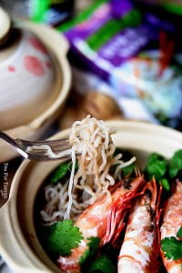 A forkful of Chang's Super Lo Cal Noodles braised with prawns