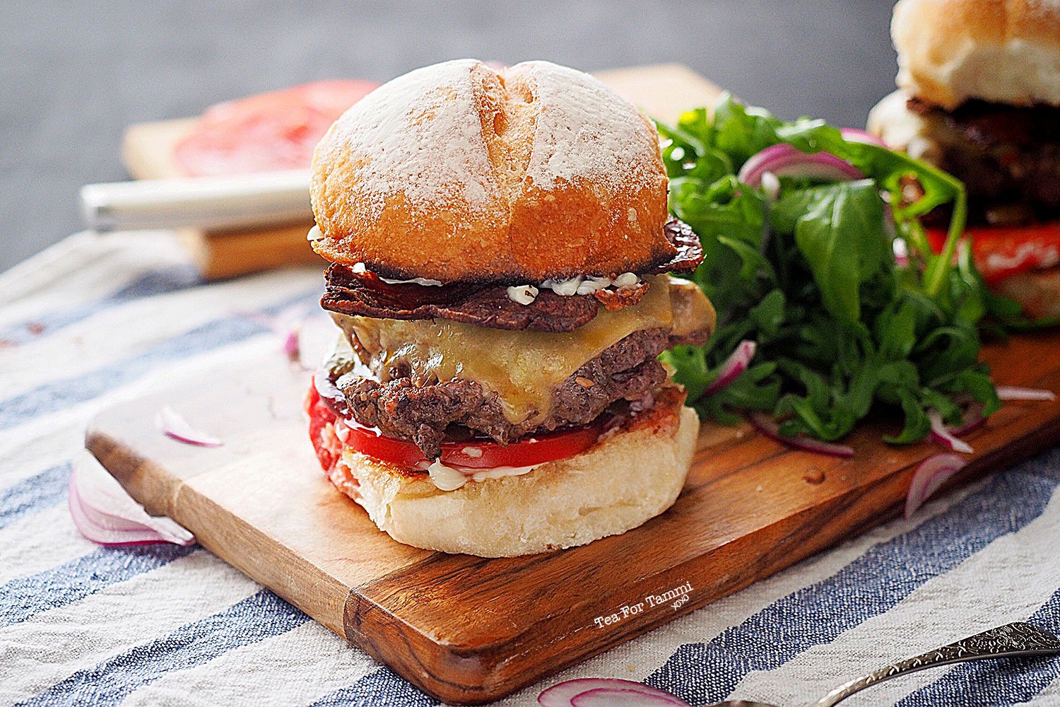 Kangaroo Burger Recipe, with Beetroot, Fresh Tomatoes, Pickles and Cheese! And Bacon, of course.