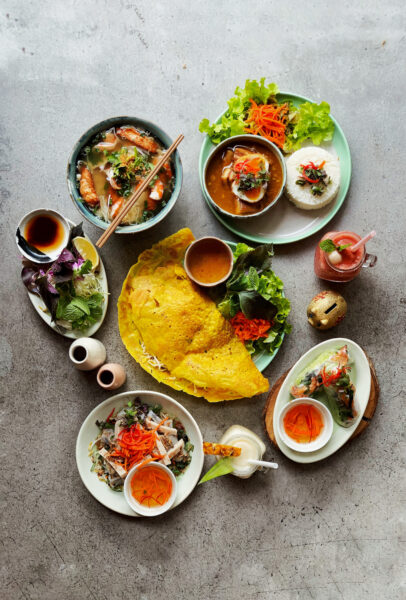 A top down view of various vietnamese dishes from a cafe in Sydney